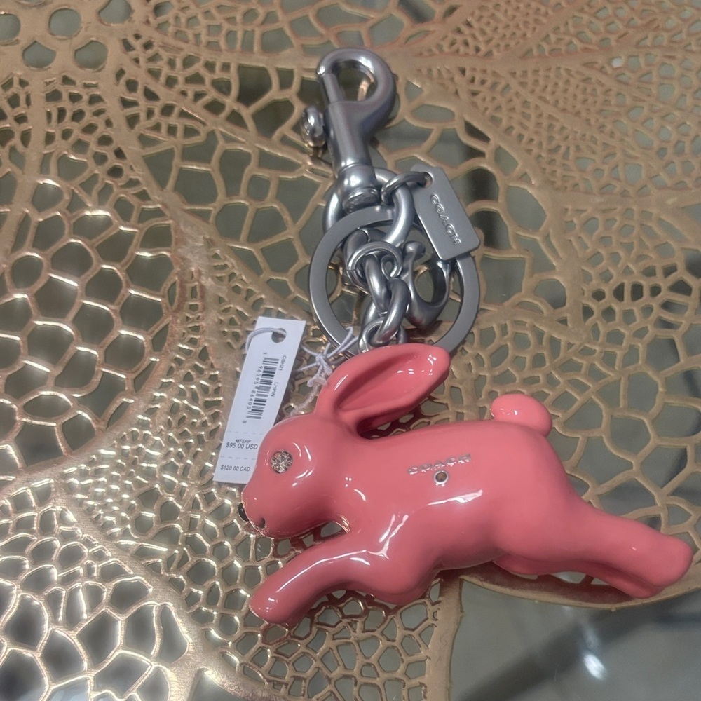 Coach Coral Bunny Keychain with Silver Accents